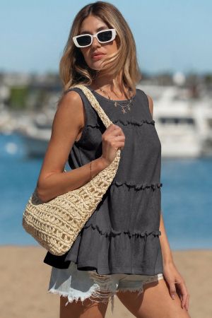 Women's Relaxed Grey Sleeveless Top with Ruffles