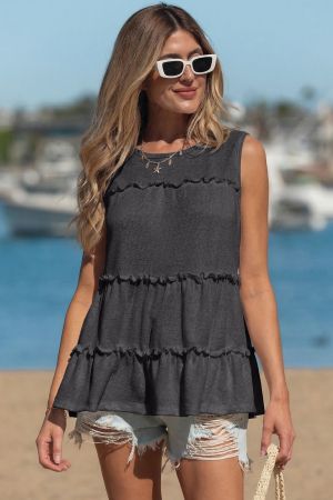 Women's Relaxed Grey Sleeveless Top with Ruffles