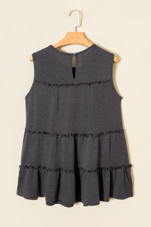 Women's Relaxed Grey Sleeveless Top with Ruffles