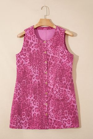 Women’s Pink Denim Dress with Leopard Print