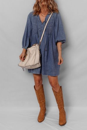 Women's Loose Denim Dress with Pleated Front, Pockets & Long Sleeves
