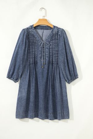 Women's Loose Denim Dress with Pleated Front, Pockets & Long Sleeves