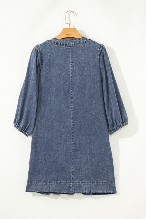 Women's Loose Denim Dress with Pleated Front, Pockets & Long Sleeves
