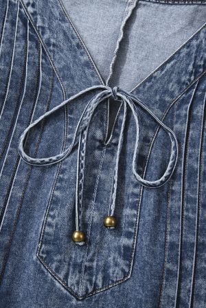 Women's Loose Denim Dress with Pleated Front, Pockets & Long Sleeves