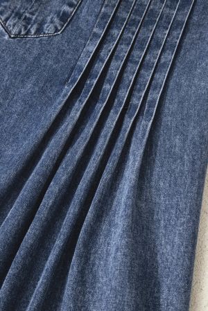 Women's Loose Denim Dress with Pleated Front, Pockets & Long Sleeves