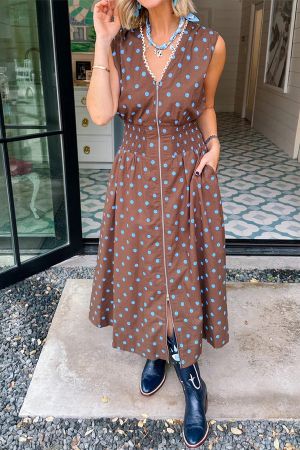 Women's Polka Dot Midi Dress with Front Zip and Elastic Waist