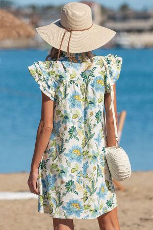 Women's Floral Print Dress with V-Neck and Ruffle Sleeves