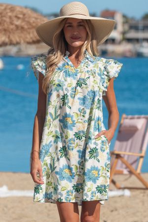 Women's Floral Print Dress with V-Neck and Ruffle Sleeves
