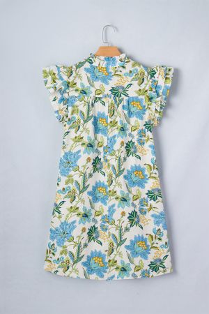 Women's Floral Print Dress with V-Neck and Ruffle Sleeves