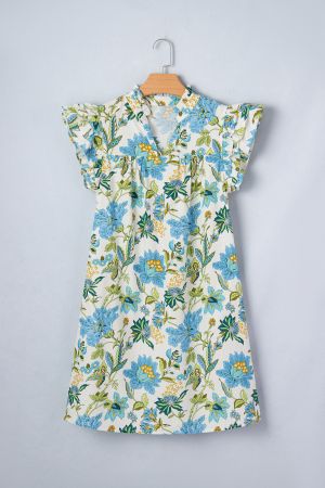 Women's Floral Print Dress with V-Neck and Ruffle Sleeves