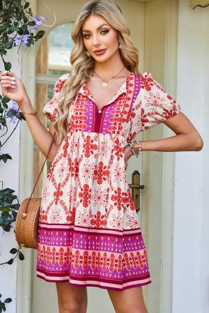 Women’s Floral Print Dress with Ruffle Detail and Puff Sleeves