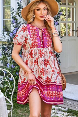 Women’s Floral Print Dress with Ruffle Detail and Puff Sleeves