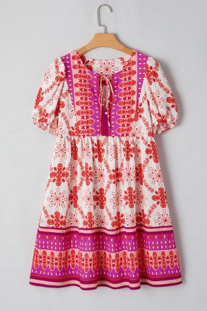 Women’s Floral Print Dress with Ruffle Detail and Puff Sleeves