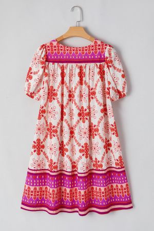 Women’s Floral Print Dress with Ruffle Detail and Puff Sleeves