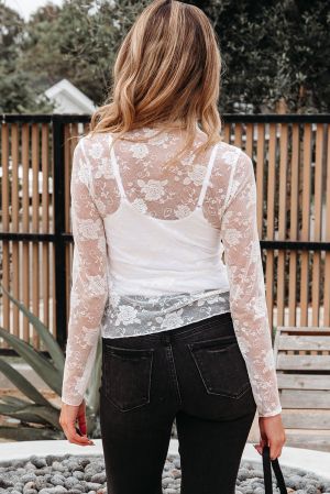 Women’s White Elegant Floral Lace Top with Long Sleeves 