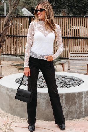 Women’s White Elegant Floral Lace Top with Long Sleeves 