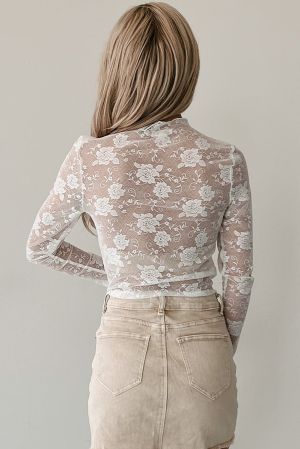 Women’s White Elegant Floral Lace Top with Long Sleeves 