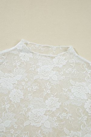 Women’s White Elegant Floral Lace Top with Long Sleeves 