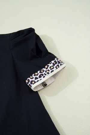 Women’s Black Dress with Leopard Accents and Short Sleeves