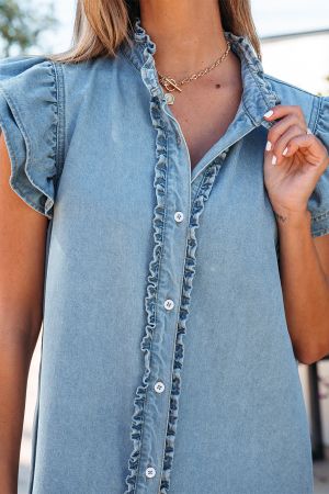 Women's Denim Dress with Ruffles, Buttons and Short Sleeves