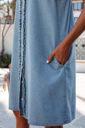 Women's Denim Dress with Ruffles, Buttons and Short Sleeves