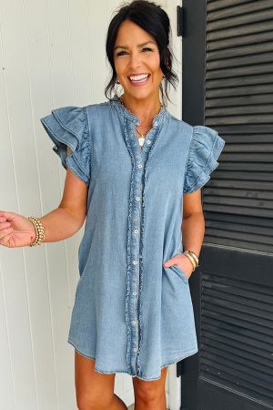 Women's Denim Dress with Ruffles, Buttons and Short Sleeves