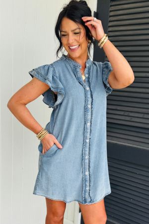 Women's Denim Dress with Ruffles, Buttons and Short Sleeves