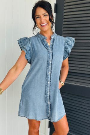 Women's Denim Dress with Ruffles, Buttons and Short Sleeves