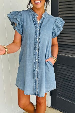 Women's Denim Dress with Ruffles, Buttons and Short Sleeves