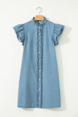 Women's Denim Dress with Ruffles, Buttons and Short Sleeves
