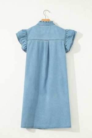 Women's Denim Dress with Ruffles, Buttons and Short Sleeves