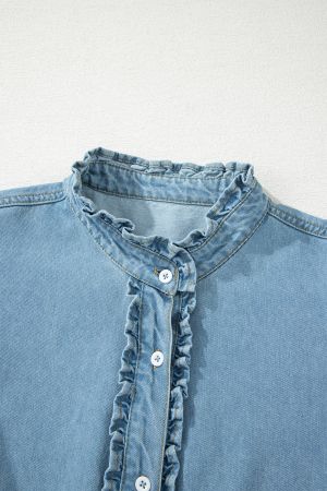 Women's Denim Dress with Ruffles, Buttons and Short Sleeves