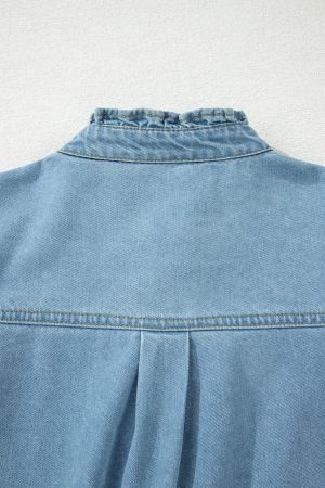 Women's Denim Dress with Ruffles, Buttons and Short Sleeves