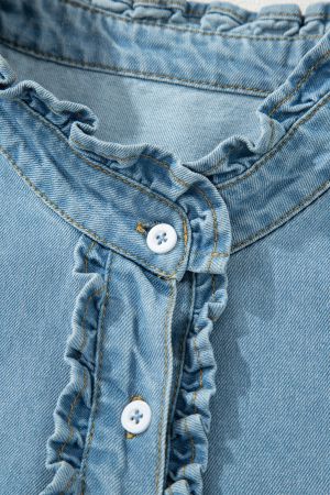 Women's Denim Dress with Ruffles, Buttons and Short Sleeves