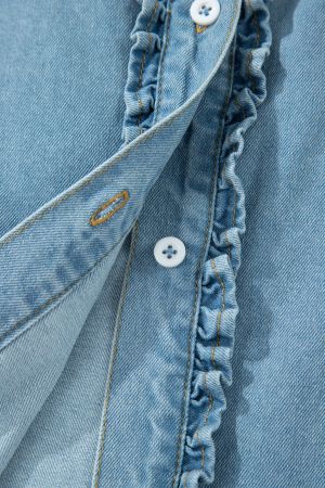 Women's Denim Dress with Ruffles, Buttons and Short Sleeves