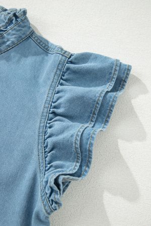 Women's Denim Dress with Ruffles, Buttons and Short Sleeves