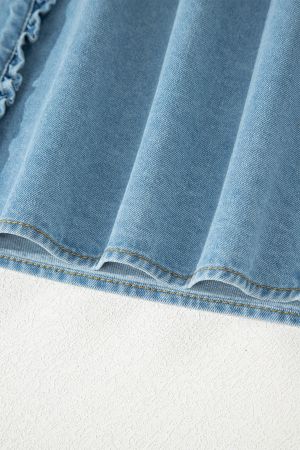 Women's Denim Dress with Ruffles, Buttons and Short Sleeves