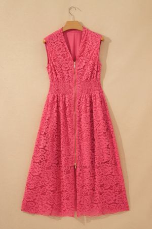 Women's Floral Lace Dress with Front Zipper, Ruched Waist and Pockets