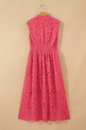 Women's Floral Lace Dress with Front Zipper, Ruched Waist and Pockets
