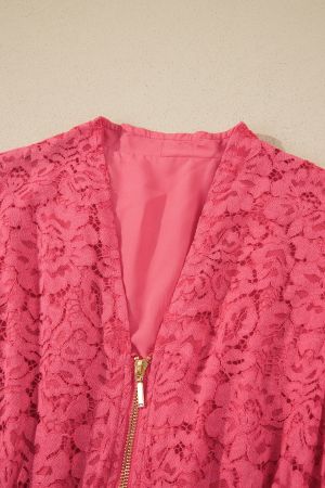 Women's Floral Lace Dress with Front Zipper, Ruched Waist and Pockets