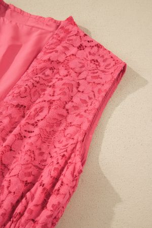 Women's Floral Lace Dress with Front Zipper, Ruched Waist and Pockets