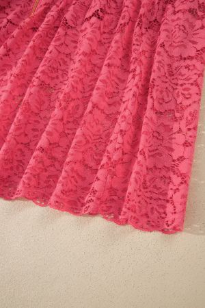 Women's Floral Lace Dress with Front Zipper, Ruched Waist and Pockets