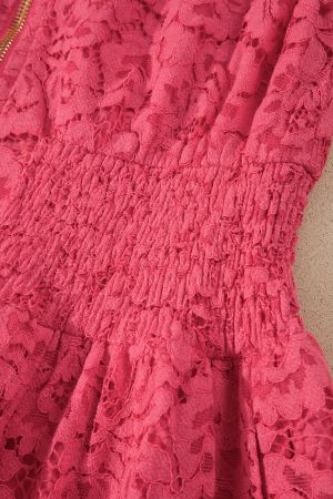 Women's Floral Lace Dress with Front Zipper, Ruched Waist and Pockets