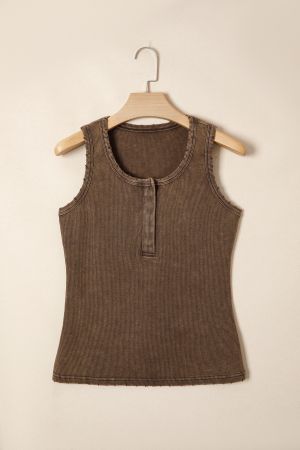 Women’s Brown Cotton Ribbed Tank Top with Button Detail