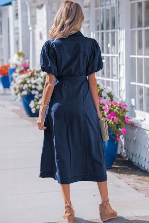 Women’s Dark Blue Denim Dress with Short Puff Sleeves and Buttons