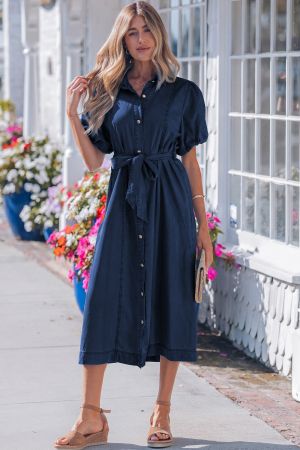 Women’s Dark Blue Denim Dress with Short Puff Sleeves and Buttons