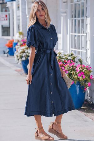 Women’s Dark Blue Denim Dress with Short Puff Sleeves and Buttons