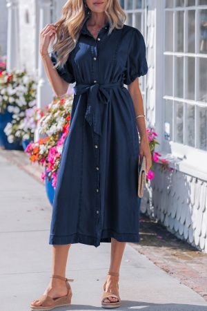 Women’s Dark Blue Denim Dress with Short Puff Sleeves and Buttons