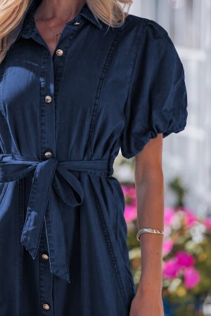 Women’s Dark Blue Denim Dress with Short Puff Sleeves and Buttons