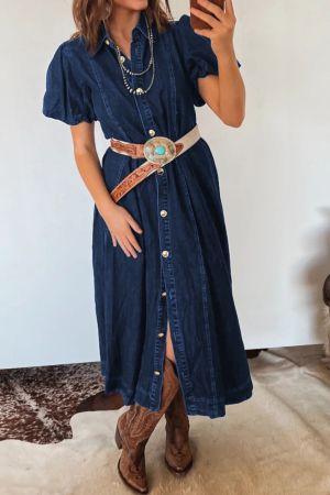 Women’s Dark Blue Denim Dress with Short Puff Sleeves and Buttons